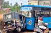 Karkala: Bus rams parked rickshaw after driver suffers sudden low BP
